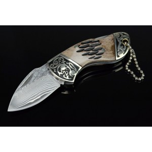 Damascus Steel Blade Brass Horn Handle Pocket Damascus Knife2858