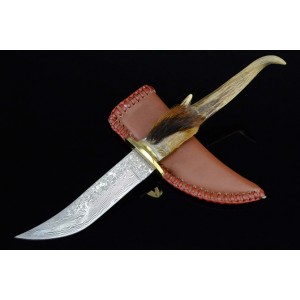 Damascus Steel Antler Handle Fixed Blade Hunting Knife