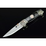 3425 damascus steel pocket knife-buffalo horn handle