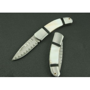Metal Bolster With Shell Inlay Handle Dmascus Pocket Knife 3471
