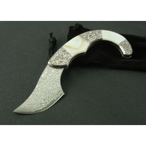 Metal Bolster With Shell Inlay Handle Dmascus Wave Shape Folding Blade Knife3472