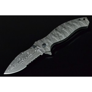 440C Stainless Steel Blade Matel Handle Imitation Damascus Pattern Pocket Knife-Serrated Edge3523