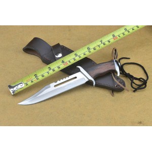 Small Rambo.5Cr13 Steel Blade Wood Handle Satin Finish Tactical Knife with Leather Sheath4656