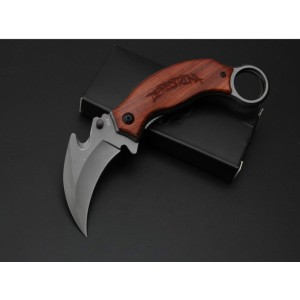 5Cr13MoV Steel Blade Wood Handle Titanium Finish Liner Lock Karambit Folding Knife