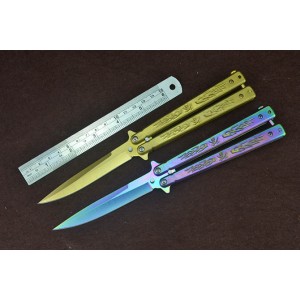 3Cr13MoV Steel Blade Metal Handle Titanium/Rainbow Finish Balisong Knife4947